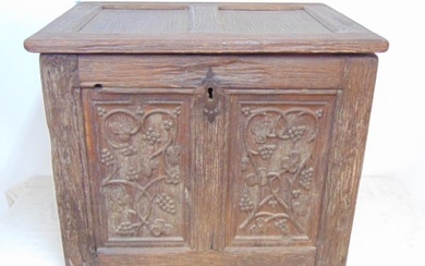 19th Century oak chest with carved grape vines, paneled sides, front, with original lock & key