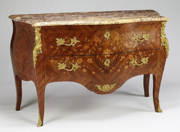 19th c. French marquetry inlaid marble top commode