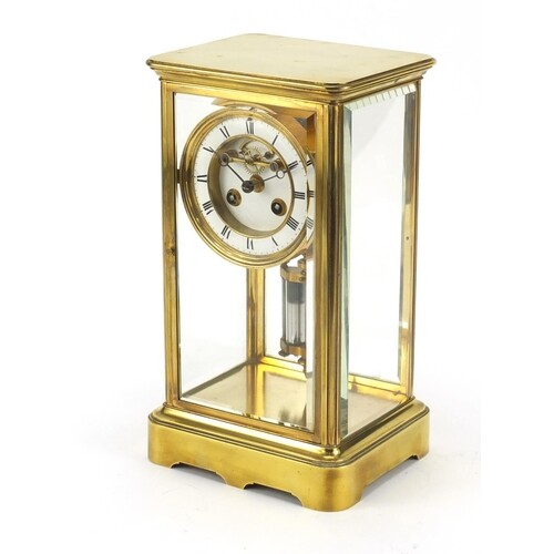 19th century French brass case four glass mantle clock with ...