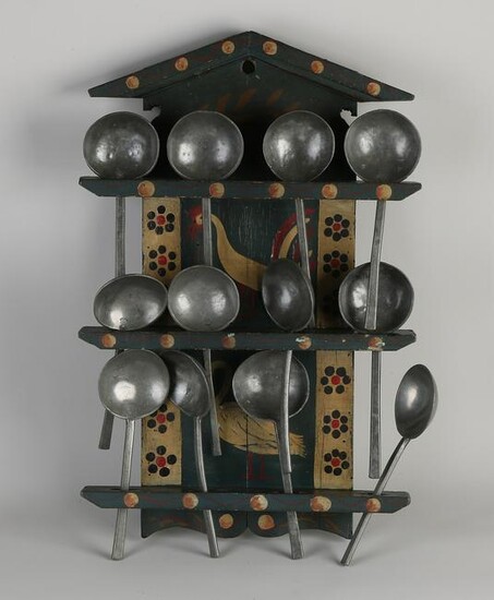 19th century spoon rack with polychrome and tin