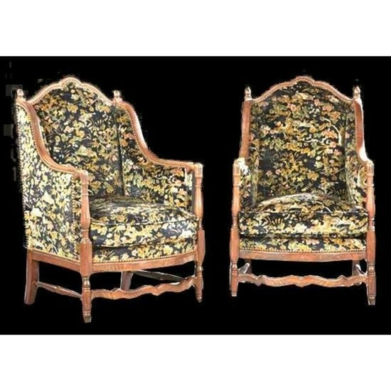 19thc Pair of Upholstered Walnut Diminutive Wing Chairs