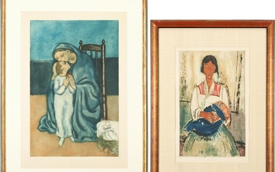 2 J. Villon aquatints, Picasso and Modigliani, Mothers