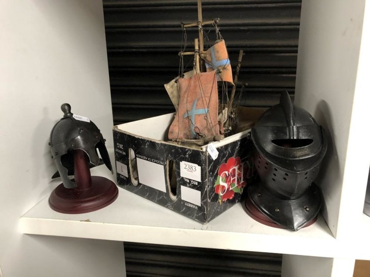 2 Miniature Helmets and a Model Boat