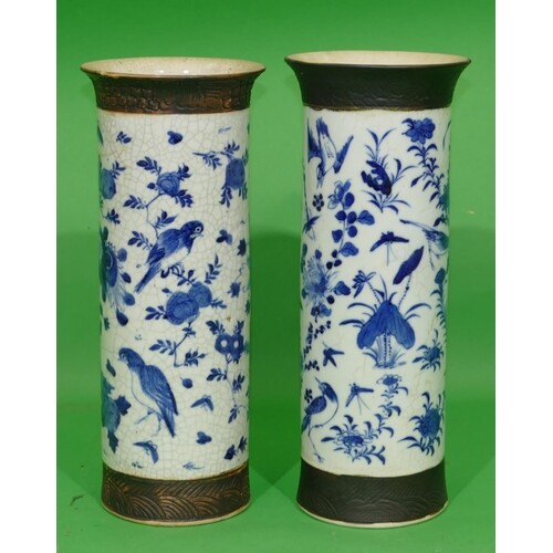 2 x 19th Century Crackleware Blue and White Cylindrical Trum...