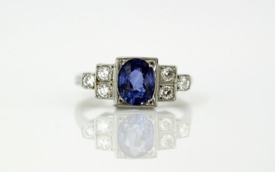 PT950 Platinum - Ring Ceylon Sapphire - Diamonds