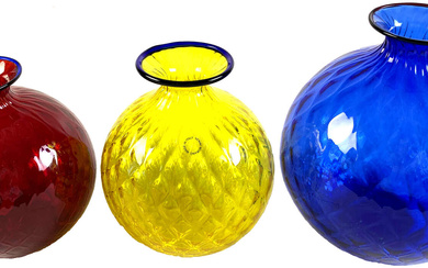 3 Versionen der Designer-Vase "Monofiore Balloton" v. Venini Murano. Gelb...
