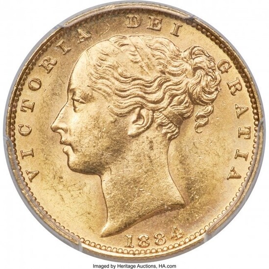 31183: Victoria gold "Shield" Sovereign 1884-M MS64 PCG