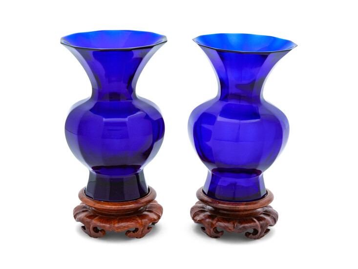 A Pair of Fine Chinese Faceted Blue Glass Vases
