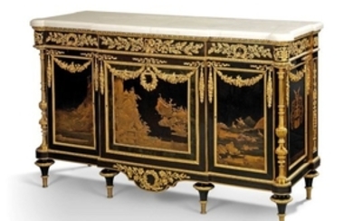 A FRENCH ORMOLU-MOUNTED JAPANESE GOLD IRAMAKI-E LACQUER AND EBONY COMMODE, AFTER THE MODEL BY MARTIN CARLIN, BY BY EMMANUEL-ALFRED (DIT ALFRED II) BEURDELEY (1847-1919), PARIS, CIRCA 1870-1890, THE FRONT LAQUER PANEL MID-EDO PERIOD, 18TH CENTURY