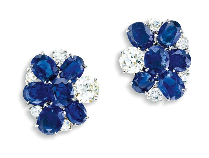 A Pair of Sapphire and Diamond Ear-clips