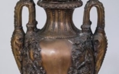 Neoclassical inspired lidded bronze urn, 38"h