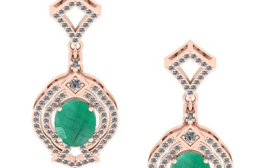 6.20 Ctw VS/SI1 Emerald And Diamond 14K Rose Gold Dangling Earrings (ALL DIAMOND ARE LAB GROWN )