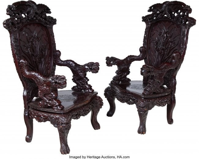 74383: A Pair of Japanese Carved Hardwood Arm Chairs, e