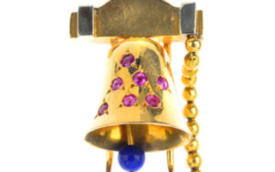 LA CLOCHE - a mid 20th century ruby and lapis lazuli bell clip. View more details