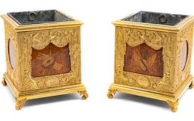 A Pair of Empire Style Gilt Bronze and Marquetry Cache Pots