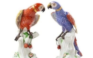 A Pair of French Porcelain Parrots Height of taller 16