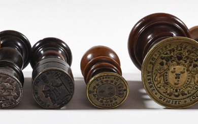9 brass armorial seals with wooden handles, France and Belgium. 18th-19th c Ø c. 3...