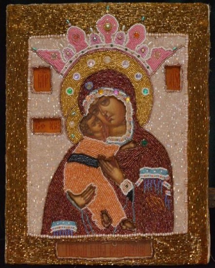 Antique 19C Russian Beaded Icon Of Vladimirskya Mother