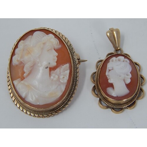9ct gold vintage cameo pendant and brooch: 9694