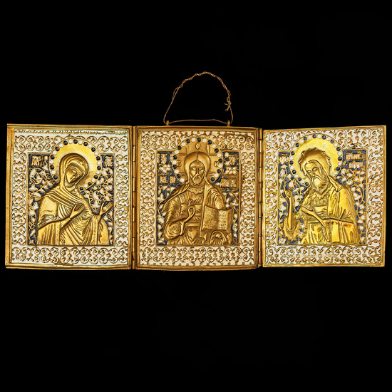 A 18th/20th century Russian travel icon, with Mary, Jesus and John the Baptist, triptych, in bronze with enamel.