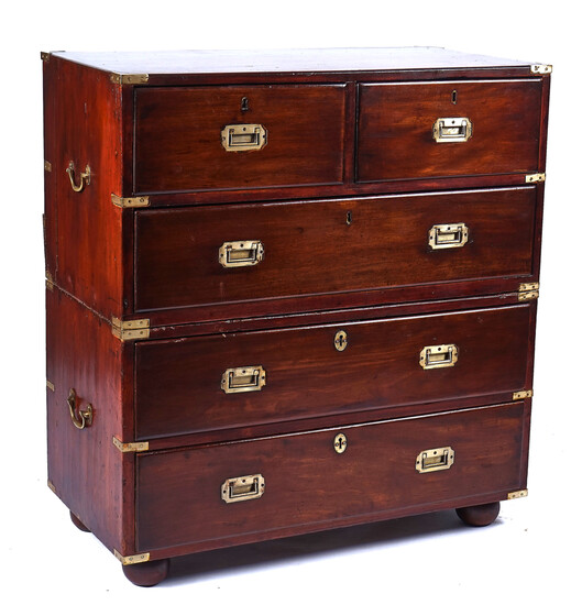 A 19TH CENTURY LATER CONVERTED BRASS BOUND MAHOGANY TWO PART CAMPAIGN CHEST