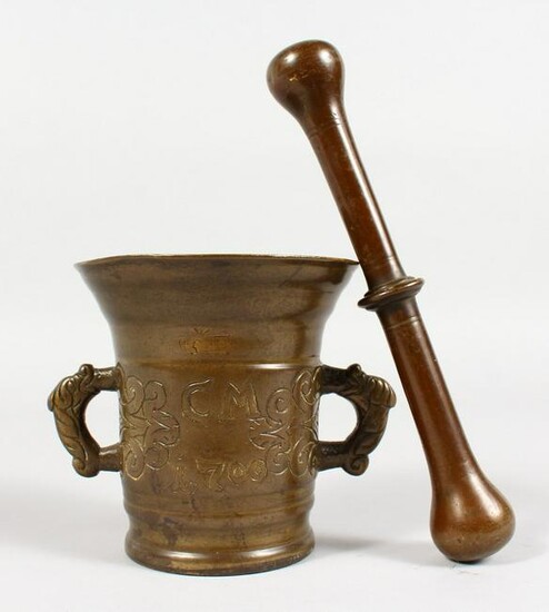 A CAST BRONZE TWIN-HANDLE PESTLE AND MORTAR, with