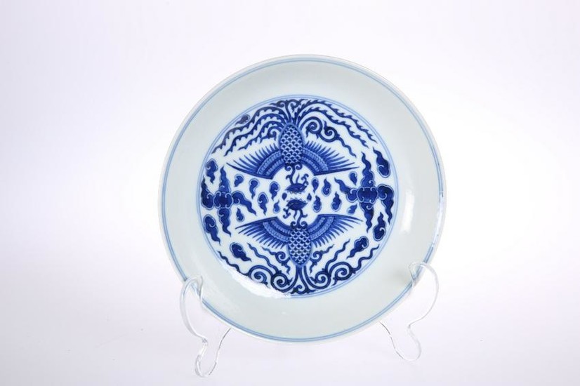 A CHINESE BLUE AND WHITE "DOUBLE PHOENIX" DISH