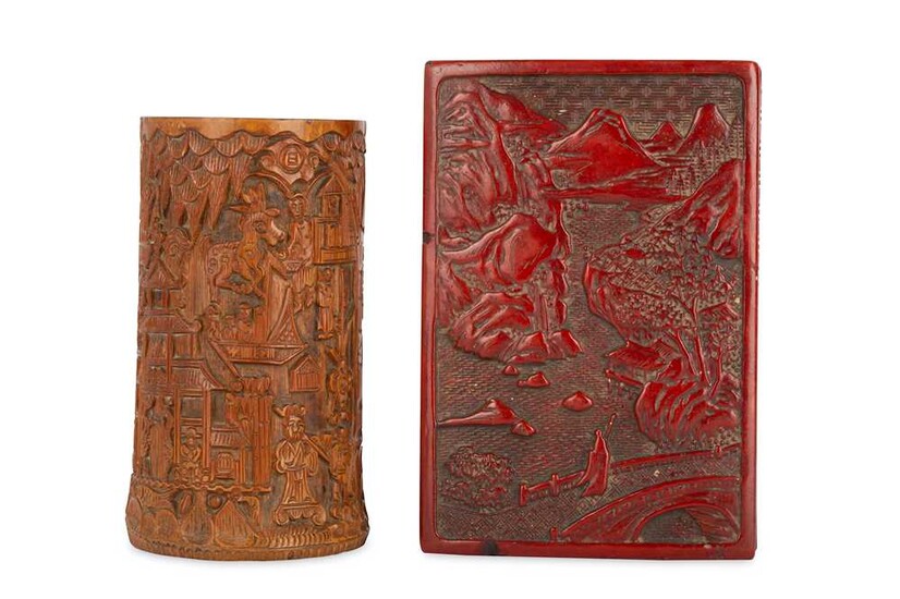 A CHINESE CINNABAR LACQUER BOX AND COVER AND A BAMBOO BRUSHPOT, BITONG.