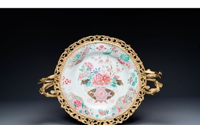 A Chinese famille rose 'flower basket' dish with gilt bronze...