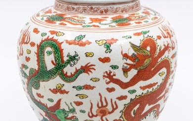 A Chinese ginger jar, enamelled with alternating green and red...
