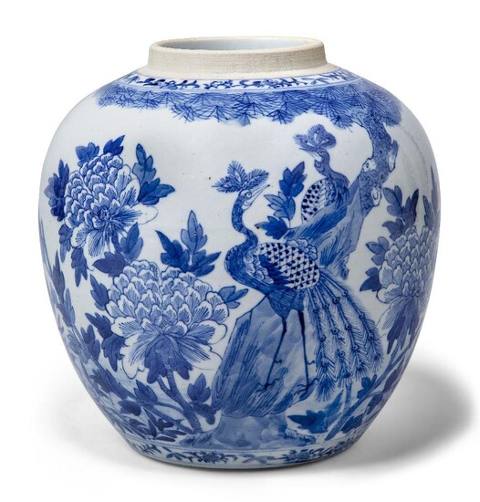 A Chinese porcelain blue and white jar, 19th century, painted with two peacocks beneath a pine tree amidst chrysanthemum sprays, 21cm high