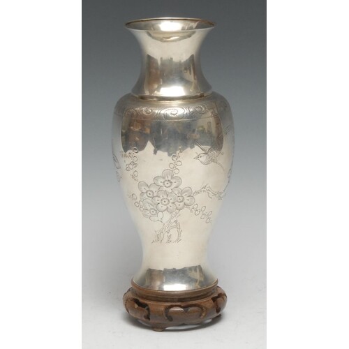 A Chinese silver ovoid vase, engraved with butterflies and b...