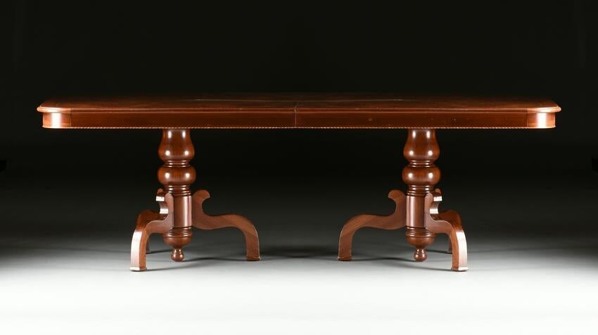 A FEDERAL STYLE BURLED WALNUT TWO PEDESTAL DINING