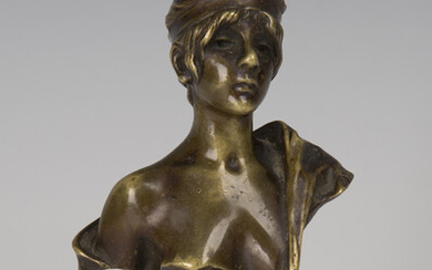A French Art Nouveau cast bronze head and shoulders portrait bust of 'Galatée', raise