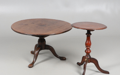 A GEORGE III MAHOGANY TRIPOD TABLE, AND ANOTHER TRIPOD TABLE.