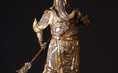 A Golden Brown Patinated Bronze Figure of Chinese Warrior God Guan Gong Yu depicted holding his long