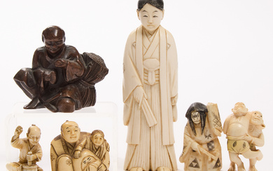 A Group of Six Ivory and Bronze Netsuke and Okimono, 19th-20th Century