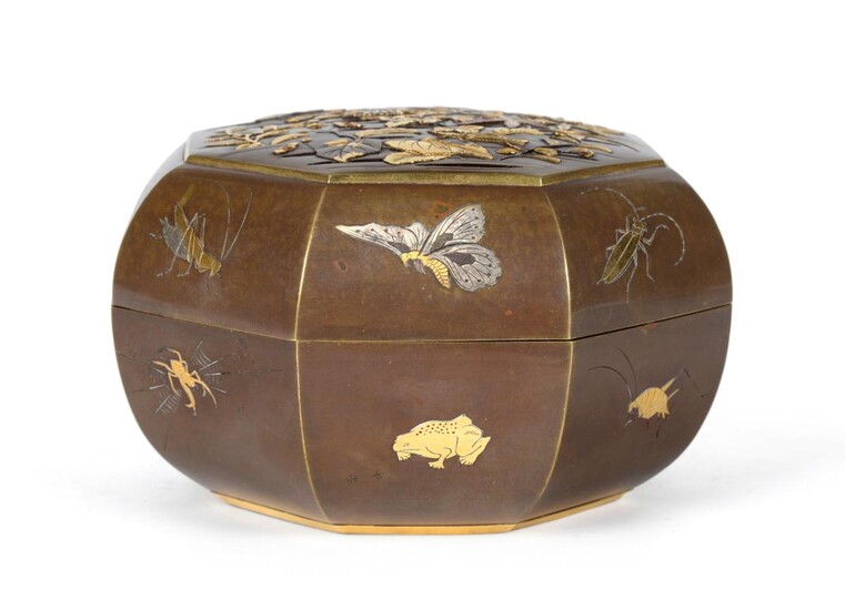 A Japanese Inlaid Bronze Box and Cover, Meiji period, of cushioned octagonal form, decorated...