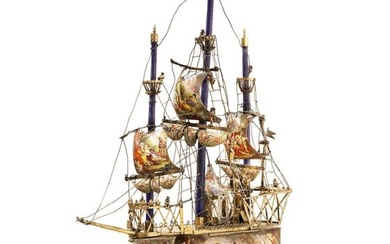 A Museum Quality 19th C. Viennese Silver Enamel Jeweled Miniature Ship