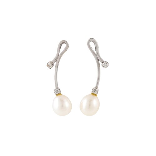 A PAIR OF DIAMOND AND PEARL DROP EARRINGS, mounted in white ...