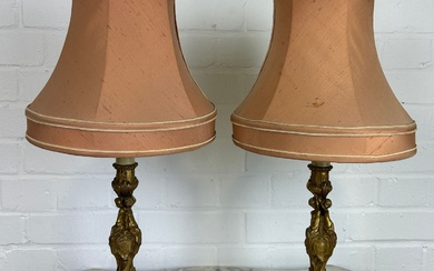 A PAIR OF FRENCH BRONZE CANDLESTICKS AS LAMPS, 27cm...