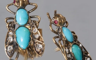 A PAIR OF FRENCH TURQUOISE RUBY AND DIAMOND FLY EARRINGS Set...