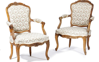 A PAIR OF LOUIS XV WALNUT AND BEECH FAUTEUIL