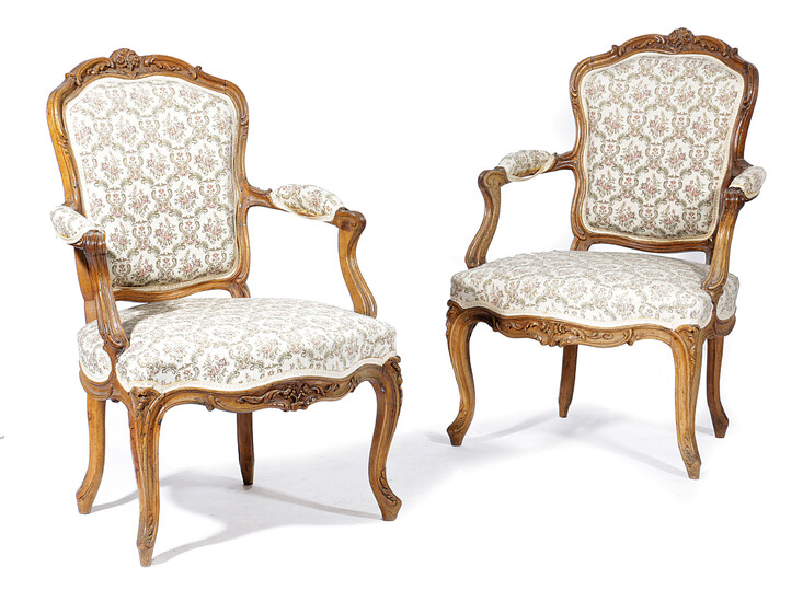 A PAIR OF LOUIS XV WALNUT AND BEECH FAUTEUIL