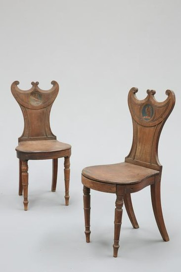 A PAIR OF REGENCY MAHOGANY HALL CHAIRS, with paired