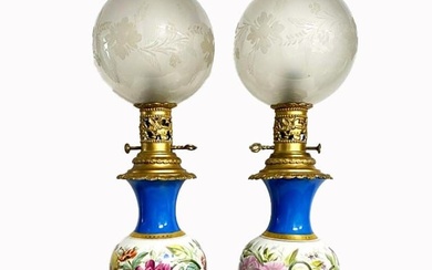 A Pair of French Sevres Hand Painted Porcelain Bronze Light Lamps
