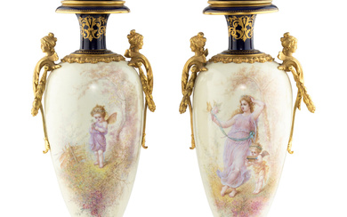 A Pair of Gilt Bronze Mounted Sèvres Style Porcelain Urns