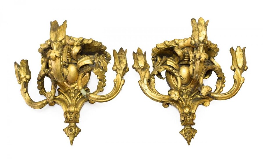 A Pair of Giltwood and Gesso Three-Light Wall Brackets, 19th...
