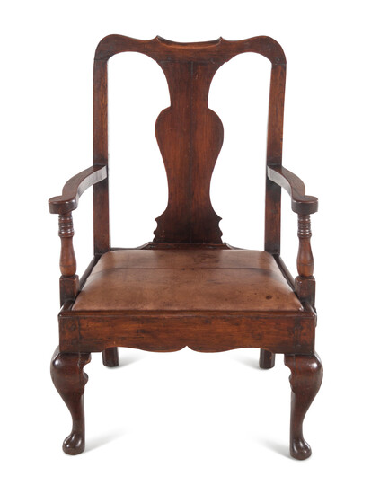 A Queen Anne Elm Armchair with Leather Upholstery