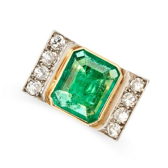A RETRO COLOMBIAN EMERALD AND DIAMOND RING in 18ct